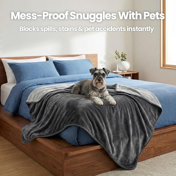 gogobunny Waterproof Reversible Flannel Blanket for Dogs and Cats, Double-Sided Furniture Protector Throw for Sofa, Couch, Bed Against Spills & Pet Fur (50" x 60", Dark Grey/Light Grey)