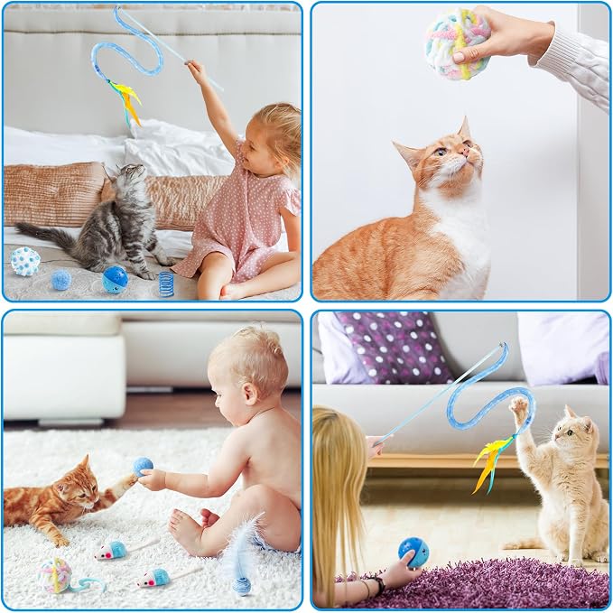 MALLMALL6 Cat Toy Set Interactive Cat Toys 10Pcs Pack Including Cat Springs Feather Teaser Wand Mice Crinkle Balls and Pet Bell Balls, Puzzle Interactive Pet Gift Pack Toys for Indoor Kitten (Blue)