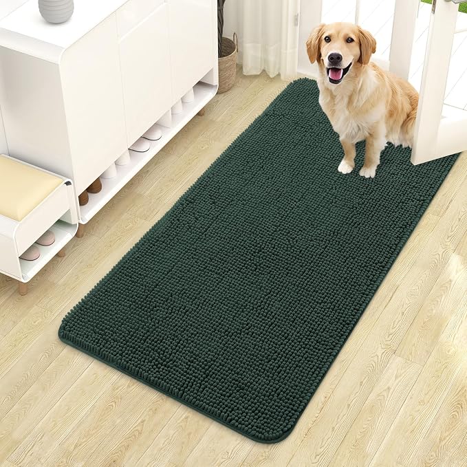 OLANLY Dog Door Mat for Muddy Paws 44x24, Super Absorbent Chenille Mud Mat | Blackish Green, Absorbs Moisture and Dirt, Non-Slip Machine Washable Doormat, Quick-Dry Indoor Entryway Floor Carpet for Dogs