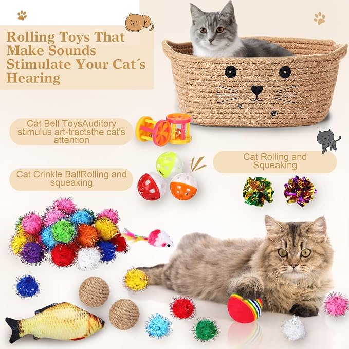 Zopeal 58 Pcs Summer Cat Storage Basket Gift Toys Set, Colorful Flashing Balls Pet Bell Crinkle Balls Spring Toys Attract Cat to Swat, Hunt, Interactive for Pet(Khaki,9.8 Inch)