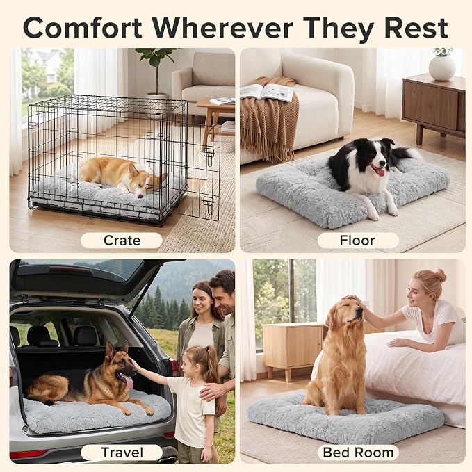 JOEJOY Large Dog Bed Crate Pad, Deluxe Plush Washable Dog Beds Fulffy Soft Kennel Pad Anti-Slip Pet Sleeping Mat for Large Medium Small Dogs, 35" x 23", Grey