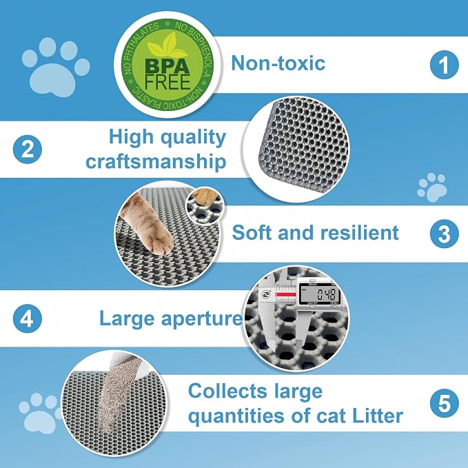Honeycomb Cat Litter Mat, Double Layer, 23.4"x14.7", Gray | Durable Cat litter box mat, ultra-soft BPA-free non-toxic EVA, non-slip urine-proof base, easy-clean, washable, traps litter