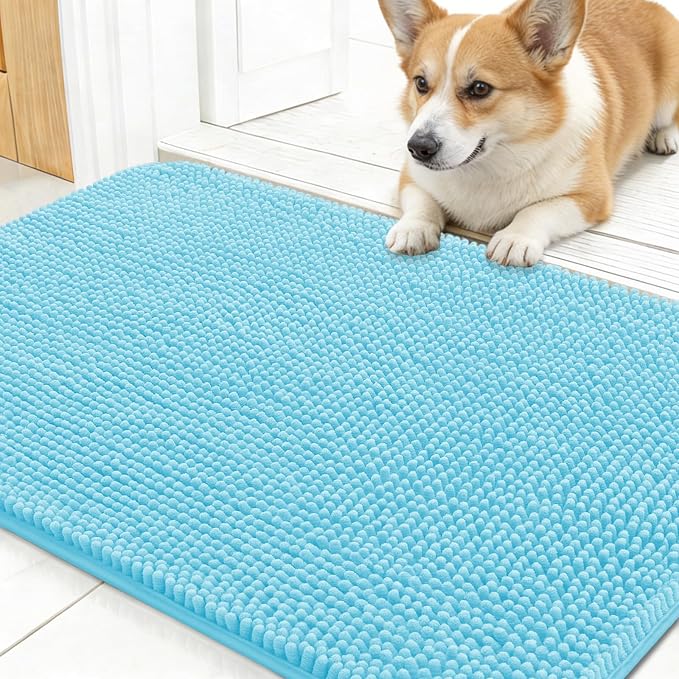 OLANLY Dog Door Mat for Muddy Paws 30x17, Super Absorbent Chenille Mud Mat | Blue, Absorbs Moisture and Dirt, Non-Slip Machine Washable Doormat, Quick-Drying Indoor Entryway Floor Carpet for Dogs