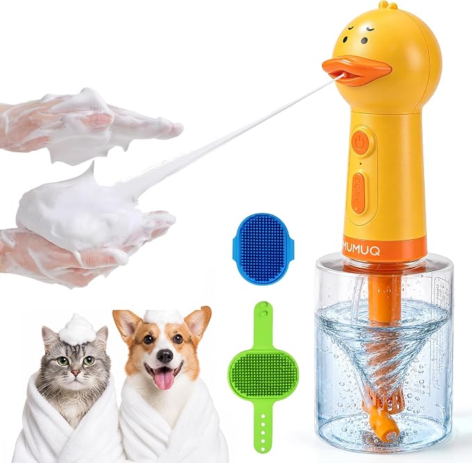 Electric Dog Shampoo Dispenser 500ml Rechargeable Duck-Shaped Pet Bath Dispenser with Auto-Mix Motor & 2 Adjustable Silicone Brushes, IPX7 Waterproof Dog Shampoo Frother for Gentle Cleaning