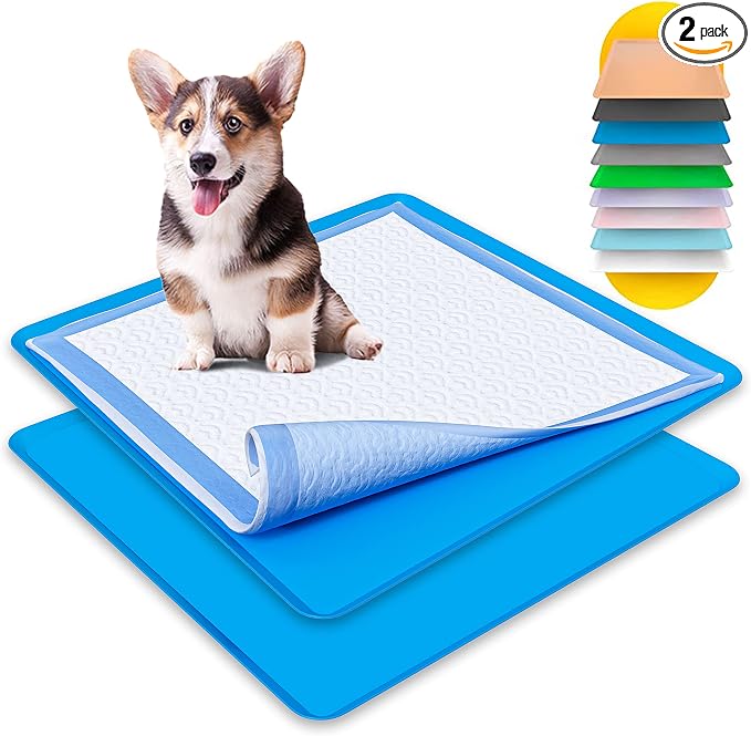 TidyFriend 2 Pack Dog Pee Pad Holder - Fits Up to 24” x 24” Pee Pad Holder for Dogs - Stable Grip, Soft Edges, Quick Wipe Silicone Surface Dog Pad Holder for Indoor Flooring Protection (Dark Blue)