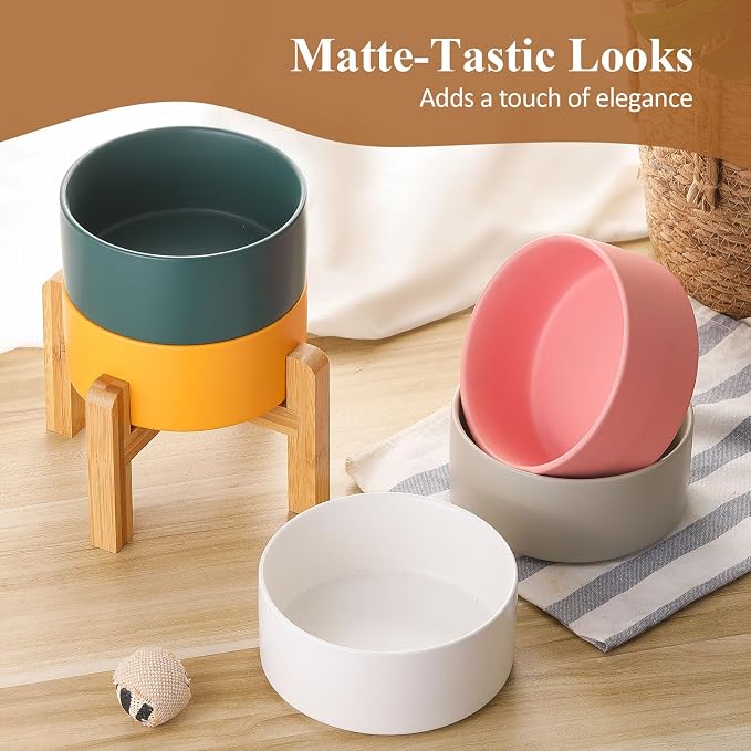 Ceramic Raised Dog Bowl with Bamboo Stand, for Small & Medium Dog, White×2