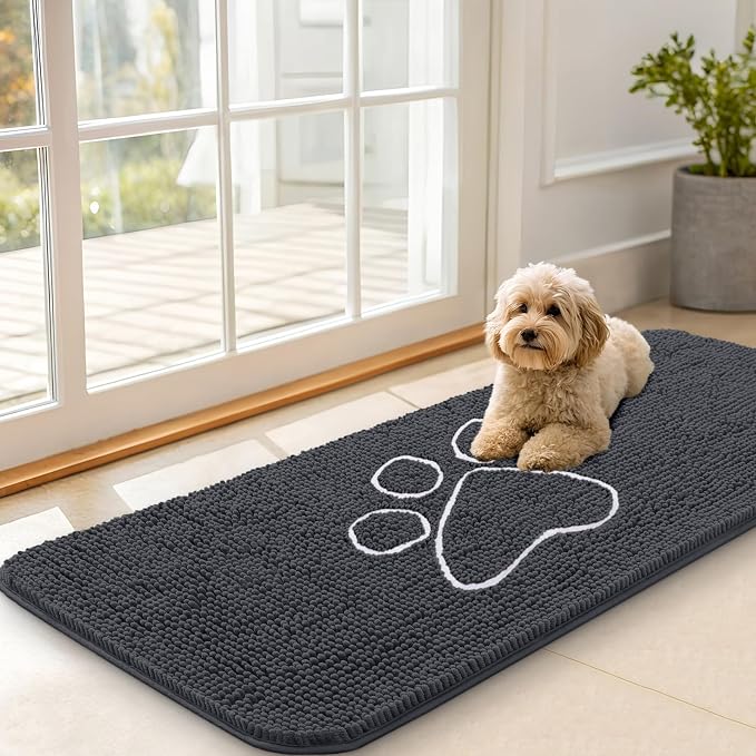 OLANLY Dog Door Mat for Muddy Paws 47x20, Paw Print Design Chenille Mud Mat | Dark Grey, Absorbent, Traps Moisture and Dirt, Non-Slip Washable Doormat, Quick-Drying Indoor Entryway Floor Carpet for Dogs