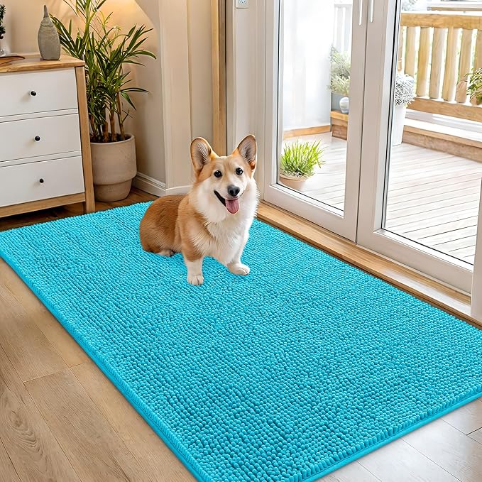 OLANLY Dog Door Mat for Muddy Paws 54x32, Super Absorbent Chenille Mud Mat | Aqua Blue, Absorbs Moisture and Dirt, Non-Slip Machine Washable Doormat, Quick-Drying Indoor Entryway Floor Carpet for Dogs