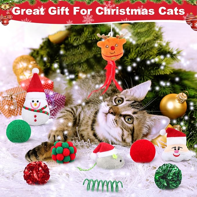 Soulchen 11pcs Christmas Cat Toys Stocking Gift Holiday Catnip Interactive Cats Toy Gift Set with Cat Teasers, Santa, Snowman, Plush Balls, Crinkle Mice, Variety Pack for Cats Pet Stocking Present