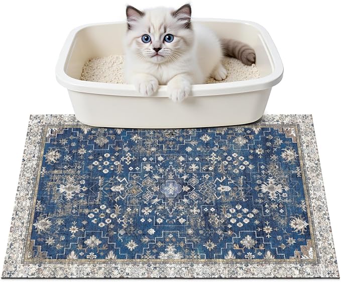 Cat Litter Mat Litter Trapping Mat, 24"x15" Waterproof Urine Proof Litter Box Mat Catcher Mat Non-Slip Washable for Kitty Kitten, Navy