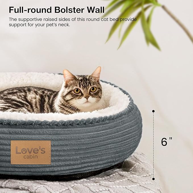 Love's cabin Round Donut Cat and Dog Cushion Bed, 20in Pet Bed for Cats or Small Dogs, Anti-Slip Water-Resistant Bottom, Super Soft Durable Fabric Pet beds, Washable Cat Dog Bed Stripe Bluish Grey