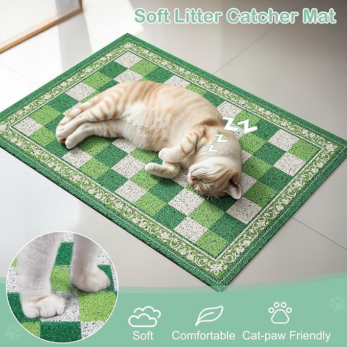 Bienbee Cat Litter Mat, 33" x 22" Waterproof Litter Box Mat Litters Rug with Non-Slip Bottom, Easy to Clean Litter Trapping Mat for Cat,Green Checkerboard L