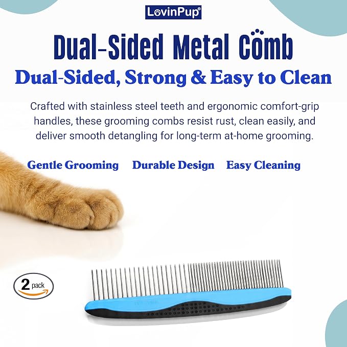 Pet Metal Comb for Dogs and Cats (2-Pack) – Detangling Comb | Stainless Steel Rounded Teeth for Painless Detangling – Dual-Spacing w/Comfort Grip Handle – Professional Grooming Tools