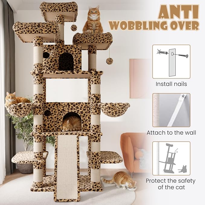 SHA CERLIN 81 Inches Extra Large Cat Tree for Indoor Adult Cats/XXL Big Cat Tower with Condo/Cozy Perches/Sisal Scratching Posts and Hammocks/Activity Center/F80/Heavy Duty/Leopard Print