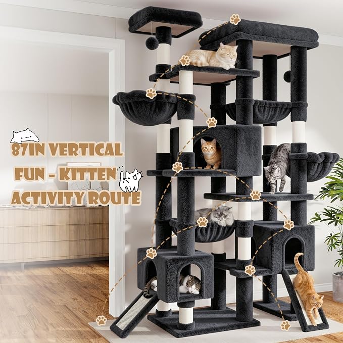 Sha Cerlin 87 in Multi-Level Tall Cat Tree Tower for Large Cats/Extra Wide Feline Activity Center/Sisal Scratching Posts/Wide Base/Cozy Plush Perches/Baskets/Hammocks/Toy Balls/Dark Grey