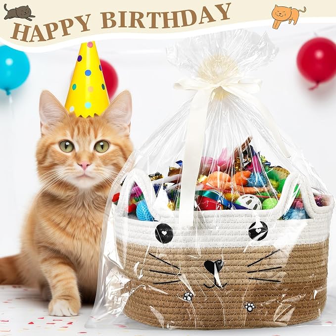 Zopeal 76 Pcs Cat Storage Basket Gift Toys Set Interactive Cat Toys Kitten Wand Colorful Flashing Balls Pet Crinkle Balls Attract Kitten to Swat, Hunt for Pet Indoor(Khaki)