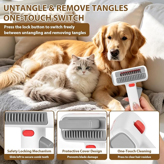 Deshedding Brush for Cats - 2-in-1 Pet Dematting Comb & Undercoat Rake | Cat Hair Removal Brush Self-Cleaning Hair Removal Brush Safely removes tangles, knots, and loose hair from your pet