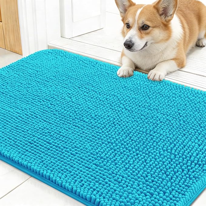 OLANLY Dog Door Mat for Muddy Paws 30x17, Super Absorbent Chenille Mud Mat | Aqua Blue, Absorbs Moisture and Dirt, Non-Slip Machine Washable Doormat, Quick-Drying Indoor Entryway Floor Carpet for Dogs