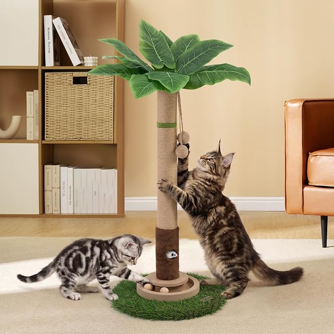 35" Tall Cat Scratching Post, Sisal Cat Scratcher Tree with Leaves,Interactive Cat Toys for Inddor Cats and Kitten
