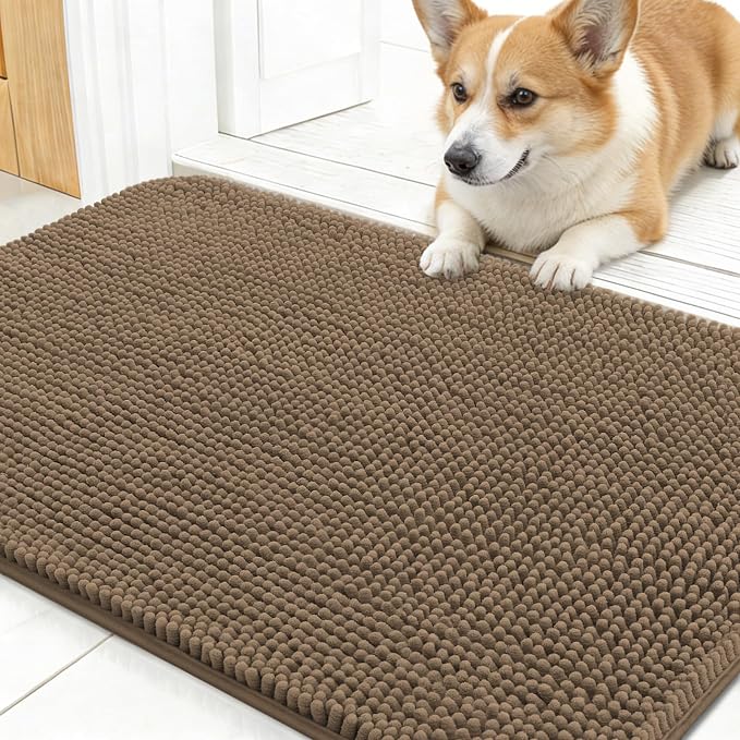 OLANLY Dog Door Mat for Muddy Paws 30x17, Super Absorbent Chenille Mud Mat | Tan, Absorbs Moisture and Dirt, Non-Slip Machine Washable Doormat, Quick-Drying Indoor Entryway Floor Carpet for Dogs