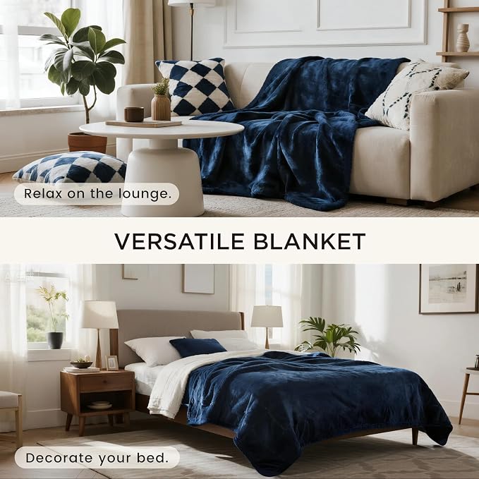gogobunny Waterproof Bed Blanket, Reversible Sherpa Fleece Throw Blanket for Dog Puppy Cat, Furniture Cover Protects Bed Couch Sofa from Liquid Pee and Pet Fur (Navy Blue, 90x108 inches)