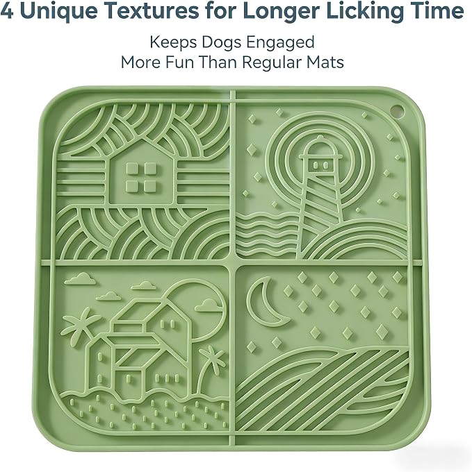 Dog Lick Mat with Suction Cups, 4-Texture Enrichment Slow Feeder for Dogs & Cats, Non-Slip Silicone Licking Pad for Anxiety Relief, Bathing & Training(Green)