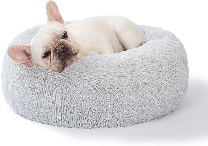 SAVFOX 23 inches Calming Donut Dog Bed - 3X Durable Plush Faux Fur, Machine Washable & Non-Slip, Fits up to 25 lbs, Light Grey