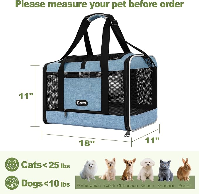 GAPZER Cat Carrier 18 x 11 x 11 Top Loading Soft-Sided Pet Travel Bag Over 15lbs, Portable Small Dog Puppy Car Crate 10 lbs, Chihuahua Kennel Carry Case, Kitty Cloth Cage Medium Cat Under 25 Blue