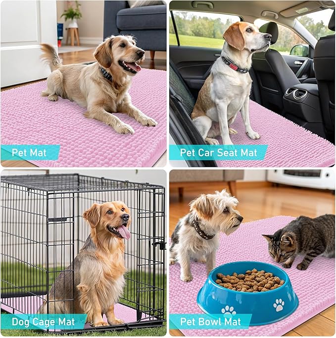 OLANLY Dog Door Mat for Muddy Paws 24x16, Super Absorbent Chenille Mud Mat | Pink, Absorbs Moisture and Dirt, Non-Slip Machine Washable Doormat, Quick-Drying Indoor Entryway Floor Carpet for Dogs