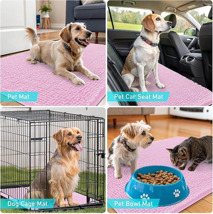 OLANLY Dog Door Mat for Muddy Paws 70x35, Super Absorbent Chenille Mud Mat | Pink, Absorbs Moisture and Dirt, Non-Slip Machine Washable Doormat, Quick-Drying Indoor Entryway Floor Carpet for Dogs