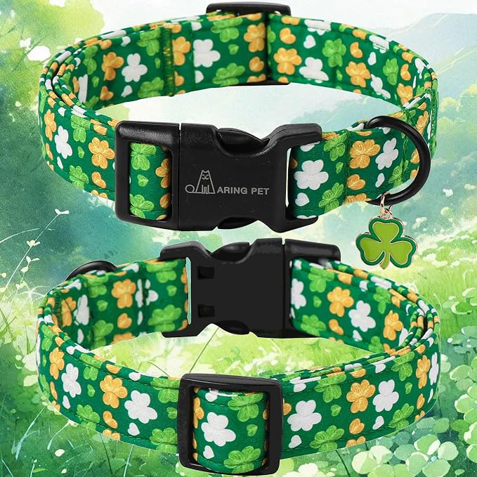 ARING PET St Patrick's Day Dog Collar-Cute Green Adjustable Shamrock Trefoil Pet Collars Puppy Collar Gifts with Quick Release Buckle for Girl&Boy Dogs-M