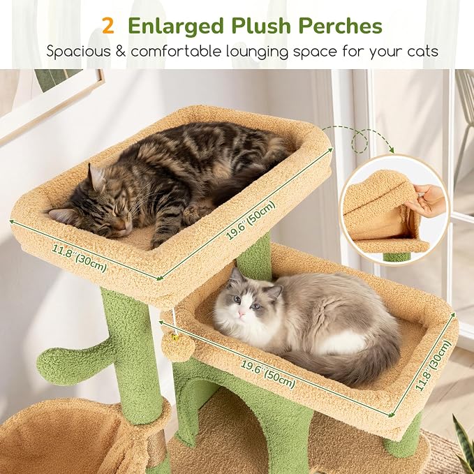 Globlazer 80in Extra Large Cactus Corner Cat Tree Tower S80G, Green | Tall Cat Condo For Multiple Indoor Cats Large Adult Kittens, Scratching Posts & Board, Widened Perches, Adjustable Baskets