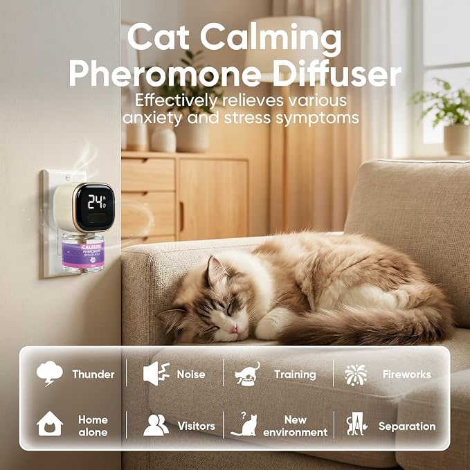 Cat Calming Diffuser Kit with Timer And Memory Adjustable 4/8/12/24H Cat Pheromone Diffuser 3-Pack (48ml Each) Helps Reduce Stress, Spraying, Fighting, Excessive Meowing & Scratching Fits All Cats