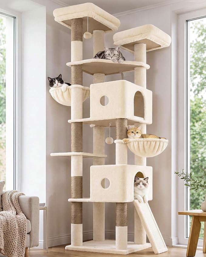 Globlazer 84in Extra Tall Cat Tree Tower for Indoor Large Cats 20lbs, F84G | Multi-Level Big Climbing Tower, 7 Scratching Posts & Board, 2 Cat Condos with Pad, 2 Soft Perches, 2 Sturdy Baskets, Beige