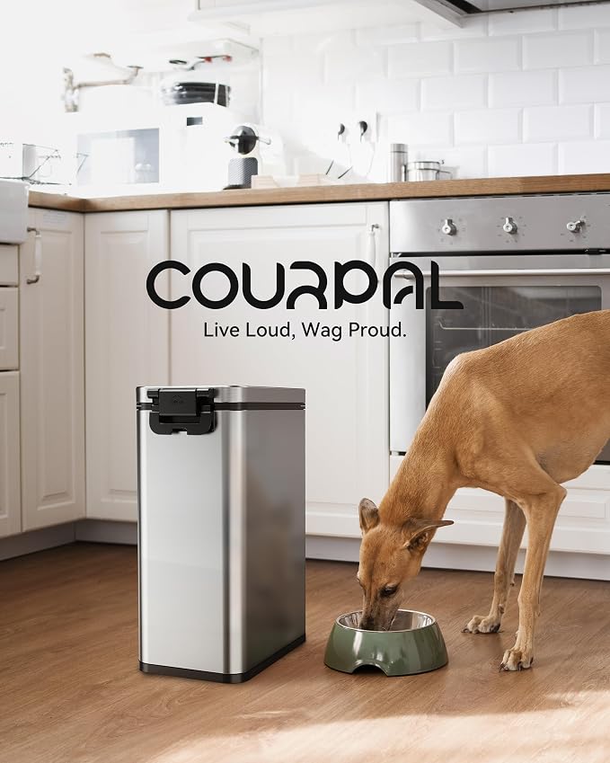 Courpal® Stainless Steel Dog Food Storage Container, 20lb/15lb Pet Food Bin | Dry Pet Food Container with Lids Airtight for Cat Dog Bird, 15L/4 Gal Stackable Metal Large Sealed Animal Food Bin with Scoop