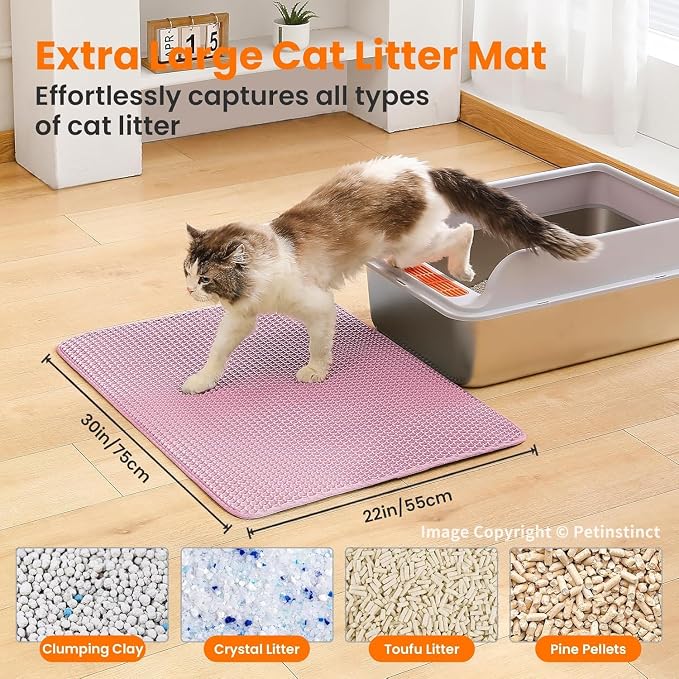 Extra Large Cat Litter Mat, Double Layer Honeycomb Design, Pink | 30x22”, Reduces Litter Tracking, Easy to Clean, Waterproof, Non-Slip, Soft on Paws, Scratch Resistant, Pink, XL