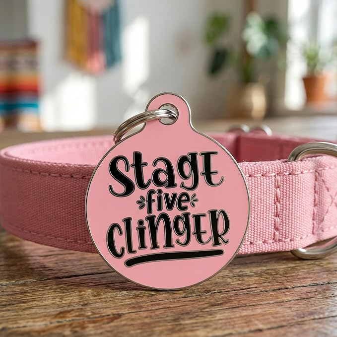 Bad Tags Personalized Dog and Cat ID Tags in 25+ Designs and 2 Sizes - 5 Lines of Custom Engraved Text - Funny Cute Personalized Pet Tags (Stage Five Clinger - Pink, Small (1 inch))