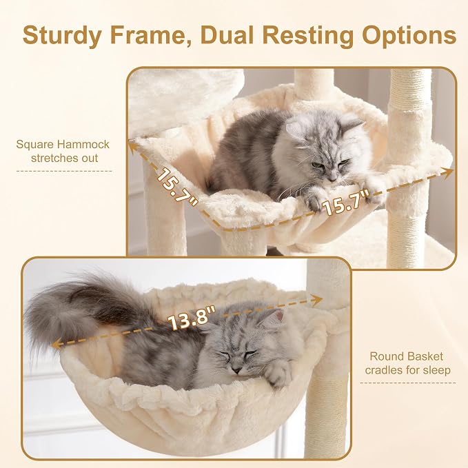Heybly Cat Tree, 76-Inch Tall Heavy Duty Cat Tower for Big Cats HCT039M | Multi-Level Large Cat Furniture with Extra Wide Baseboard, 2 Condos & 2 Hammocks, 10 Scratching Posts, Beige