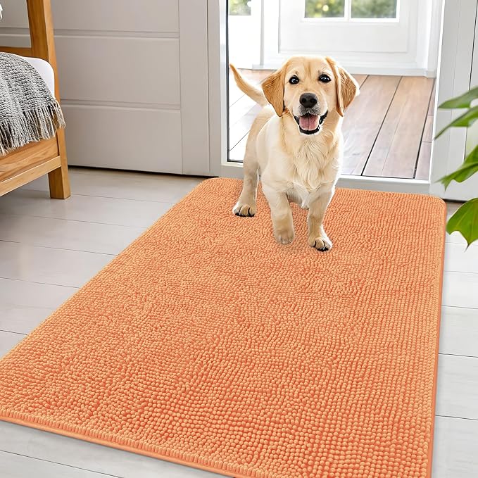 OLANLY Dog Door Mat for Muddy Paws 44x32, Super Absorbent Chenille Mud Mat | Orange, Absorbs Moisture and Dirt, Non-Slip Machine Washable Doormat, Quick-Drying Indoor Entryway Floor Carpet for Dogs