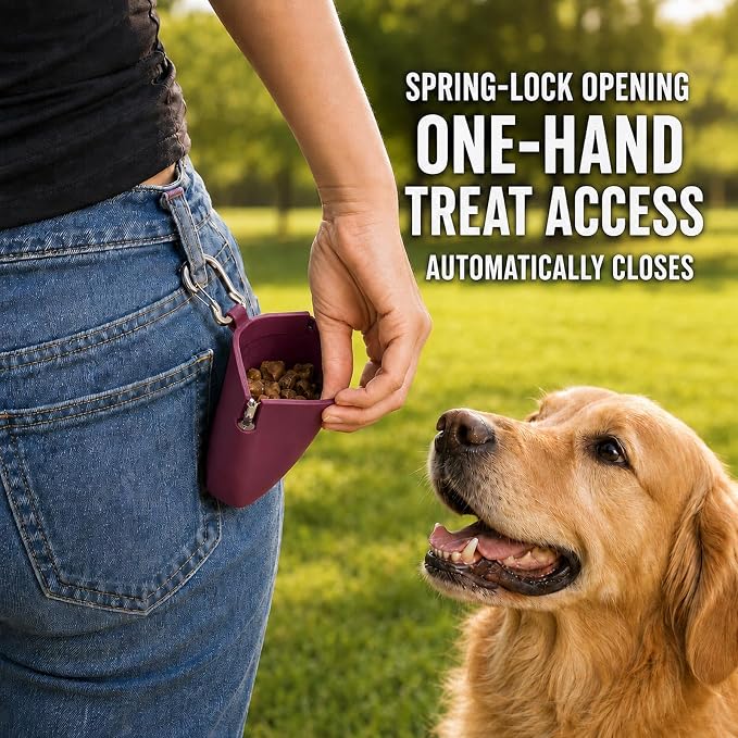 1 Cup Silicone Dog Treat Pouch, Dog Training Treat Bag, Burgundy | One-Hand Use, Auto-Closes, No Spills When Inverted, Carabiner Keeps Pouch Secure, Easy to Clean, Holds Dry or Wet Dog Food