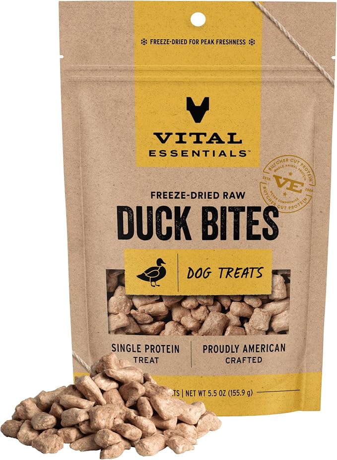 Vital Essentials Freeze Dried Dog Treats, Duck Bites, 5.5 oz Bag | Single Protein, Premium Quality, Grain-Free Training Treats