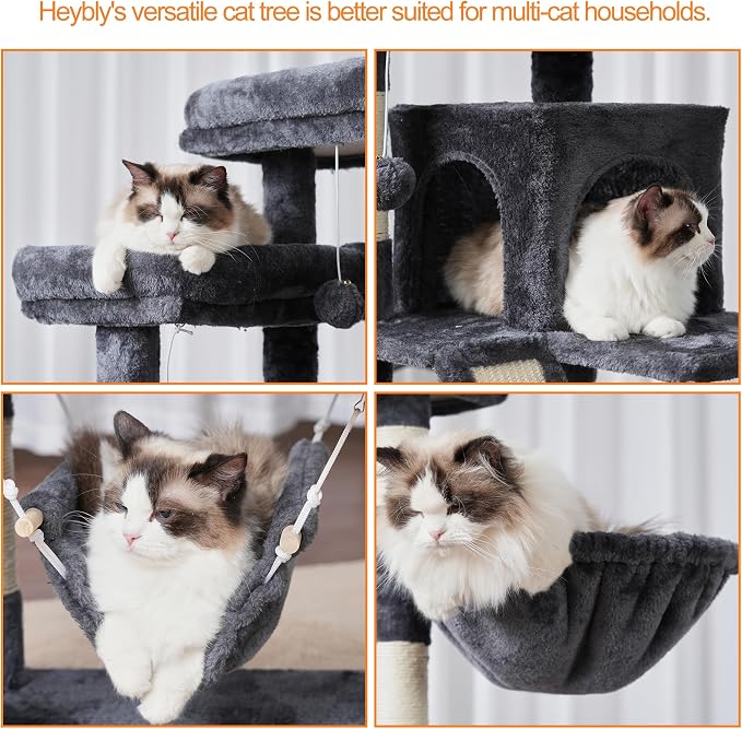 Heybly Cat Tree, 71-Inch-Tall Tower for Indoor Cats with 2 Perches HCT034G | Large Cat Furniture with 2 Big Condos, 2 Hammocks, Basket, Scratching Pad, Multi-Level Cat Condo, Smoky Gray