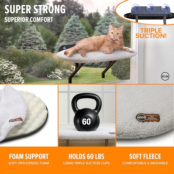 K&H Cat Window Perch, Universal Mount Bed for Large Cats - 24x14in Fleece | Orthopedic Cat Window Hammock Holds 60 lbs, Sturdy Suction Cups, Washable Cover, Indoor Window Bed