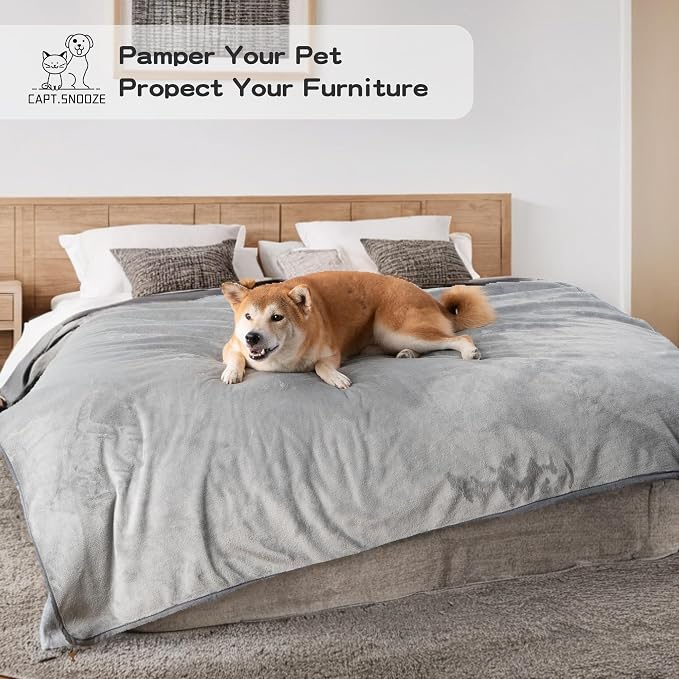 Waterproof Blanket for Couch Sofa Bed | Reversible Soft Flannel Throw Blanket for Medium Large Dogs Pet Leakproof, Protector for Crate, Travel, 50"x60", Light Grey