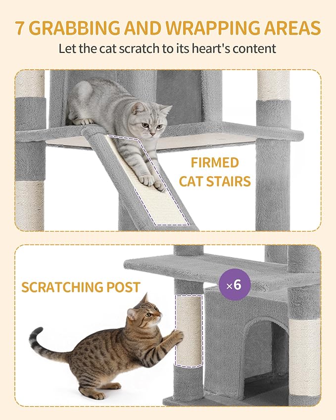 Hzuaneri Large Cat Tree, 72 Inch Tall Multi-Level Cat Tower for Indoor Cats | Cat Condo Furniture with 6 with Sisal Scratching Posts, 2 Large Platforms, 2 Cats House, Hanging Basket, Light Gray MS18318LG