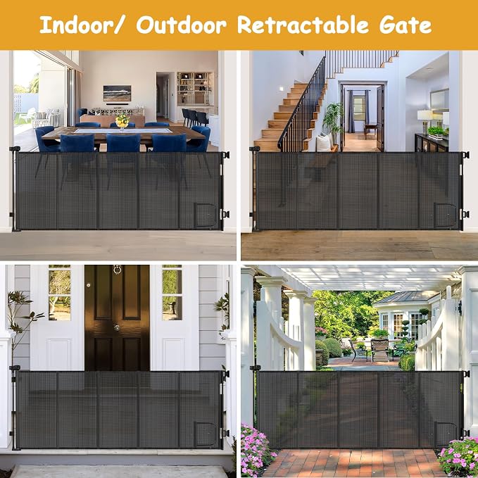 Reinforced 90” Extra Wide Retractable Pet Gate with Cat Door 33 Inch Tall Mesh Baby Gate Retractable Dog Gates for Doorways Extra Wide Baby Gates for Large Openings with Reinforced Strips, Black
