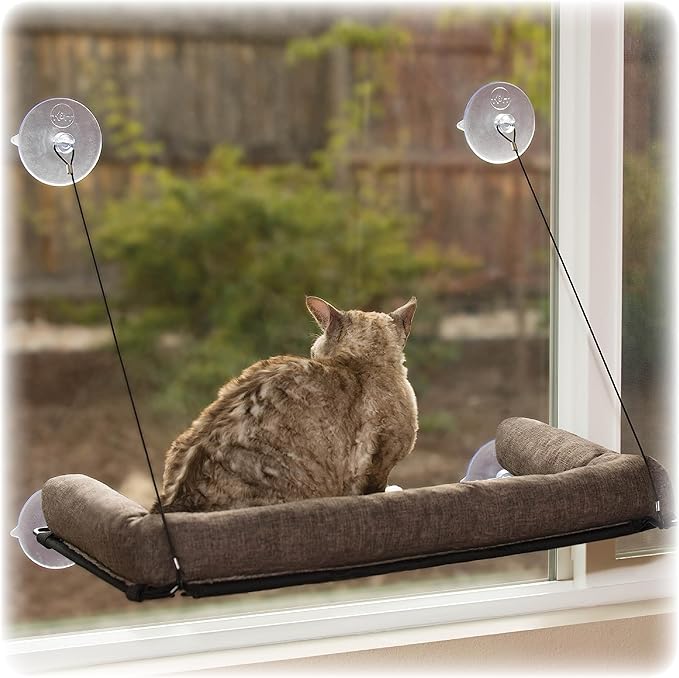 K&H Cat Window Perch, EZ Mount Bolster - Fits 27in Wx23in H Glass Spaces | Cat Window Hammock Bed, Steel Frame, Sturdy Suction Cups, Washable Shelf Covers, Foldable, For Large Felines
