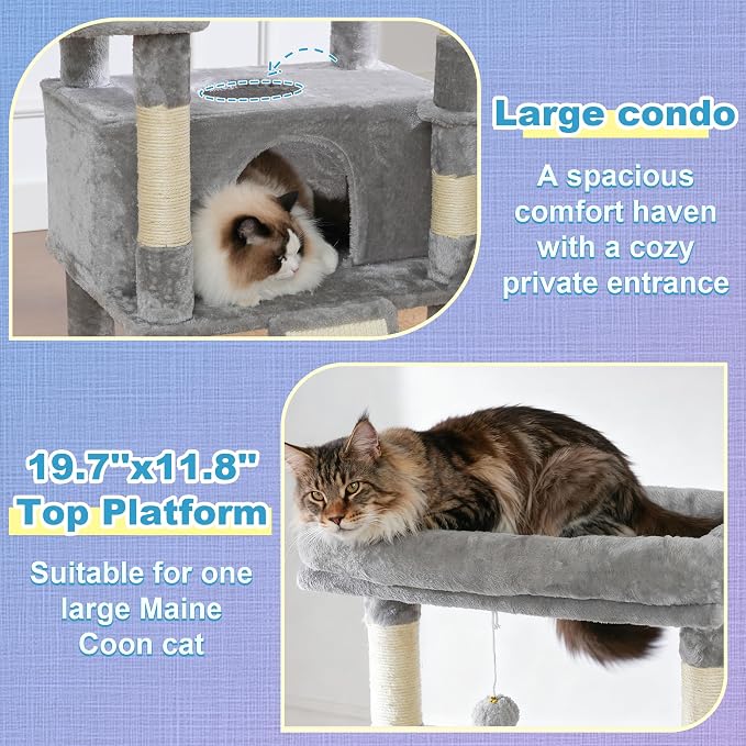 Hey-brother Cat Tree Tower with Extra Large Platform and Basket, MPJ080W | 71.7 Inches Scratching Posts with Specious Condo, 2 Cozy Hammocks, Scratch Board for Indoor Adult Cats, Maine Coon Light Gray