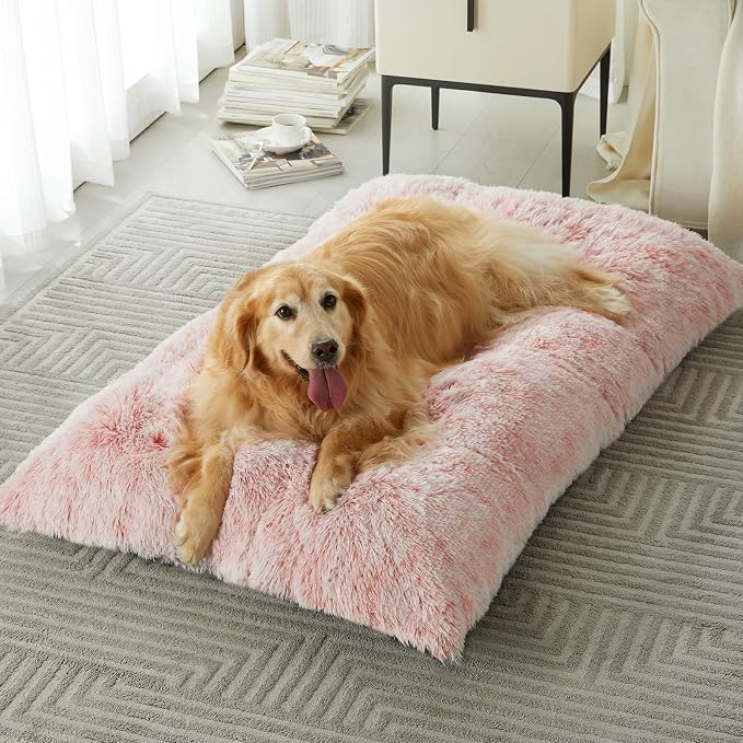 BFPETHOME Dog Bed for Large Dogs, Plush Kennel Pad for Sleeping &Ease Anxiety, Washable Mats with Anti-Slip Bottom - 53 x 36 inch Pink