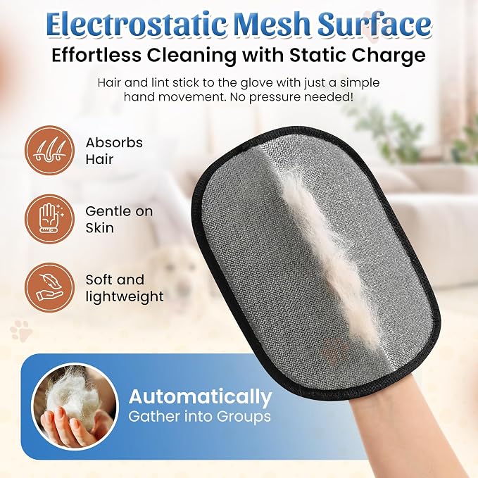 Pet Hair Removal Glove, Electrostatic Cat & Dog Hair Remover with 5-Finger Design, Reusable Deshedding Mitt for Couch, Car, Laundry & Carpet, Lightweight & Washable